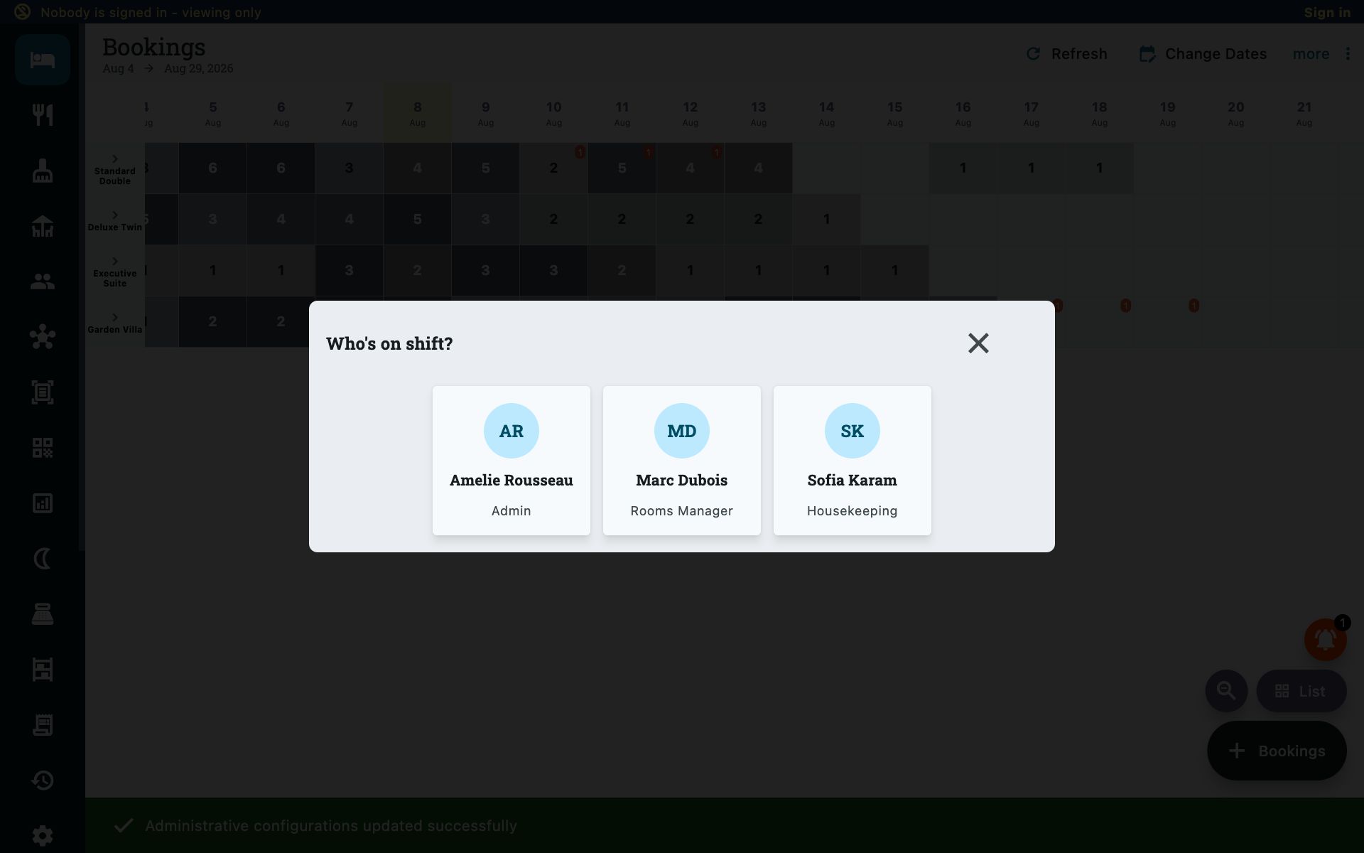 Staff sign-in picker showing who is on shift in Zitlin