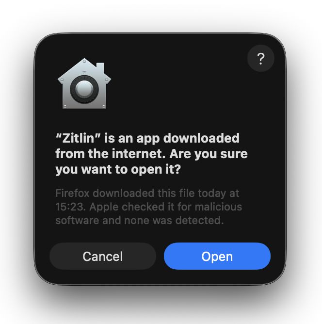 Zitlin Mac OS app warning